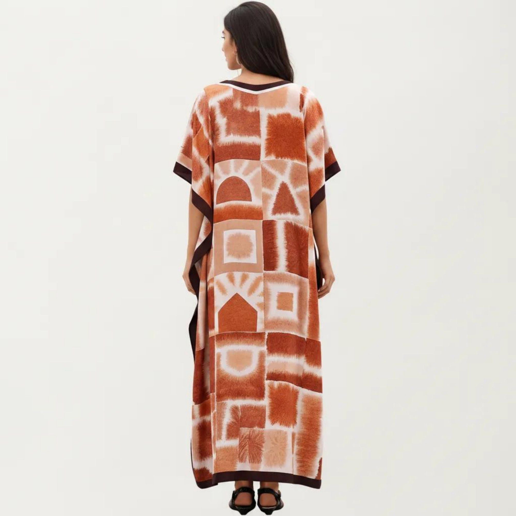 Anna-Kaci Women's Abstract Print Maxi Caftan Dress with V-Neckline Short Sleeves and Relaxed Draped Silhouette
