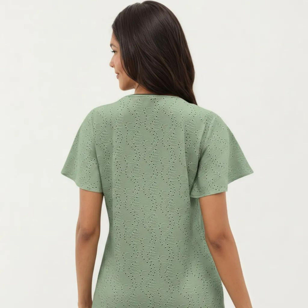 Anna-Kaci Women's Short Sleeve Eyelet V-Neck Top with Floral Embroidery and Flutter Sleeves