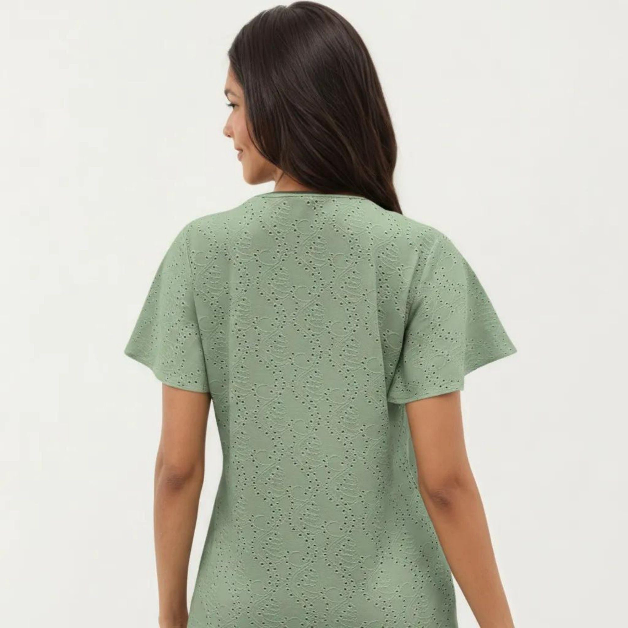 Anna-Kaci Women's Short Sleeve Eyelet V-Neck Top with Floral Embroidery and Flutter Sleeves