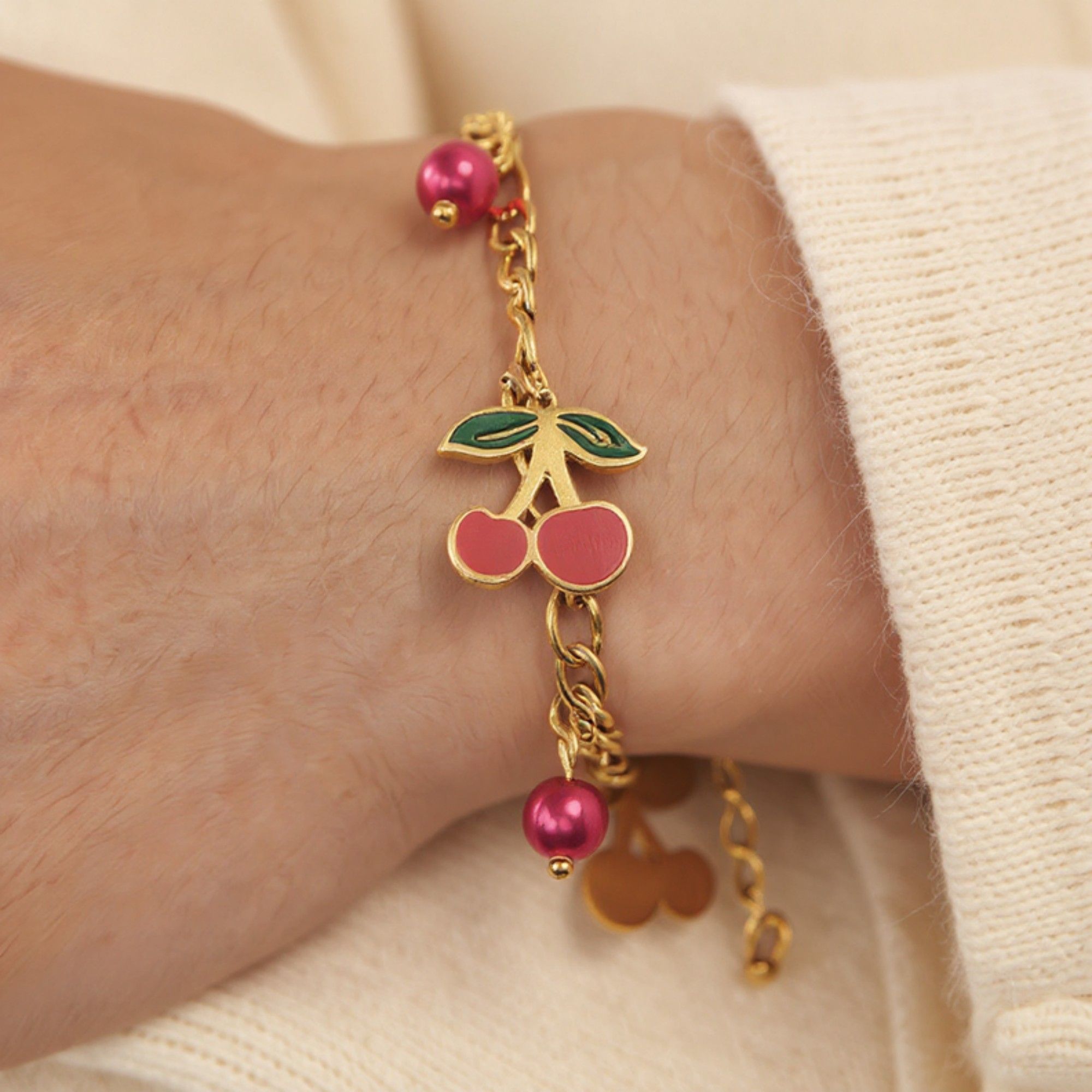 Cherry Charm Bracelet with Double Chain Links and Playful Fruit-Themed Pendants for a Cute Whimsical Accessory Style