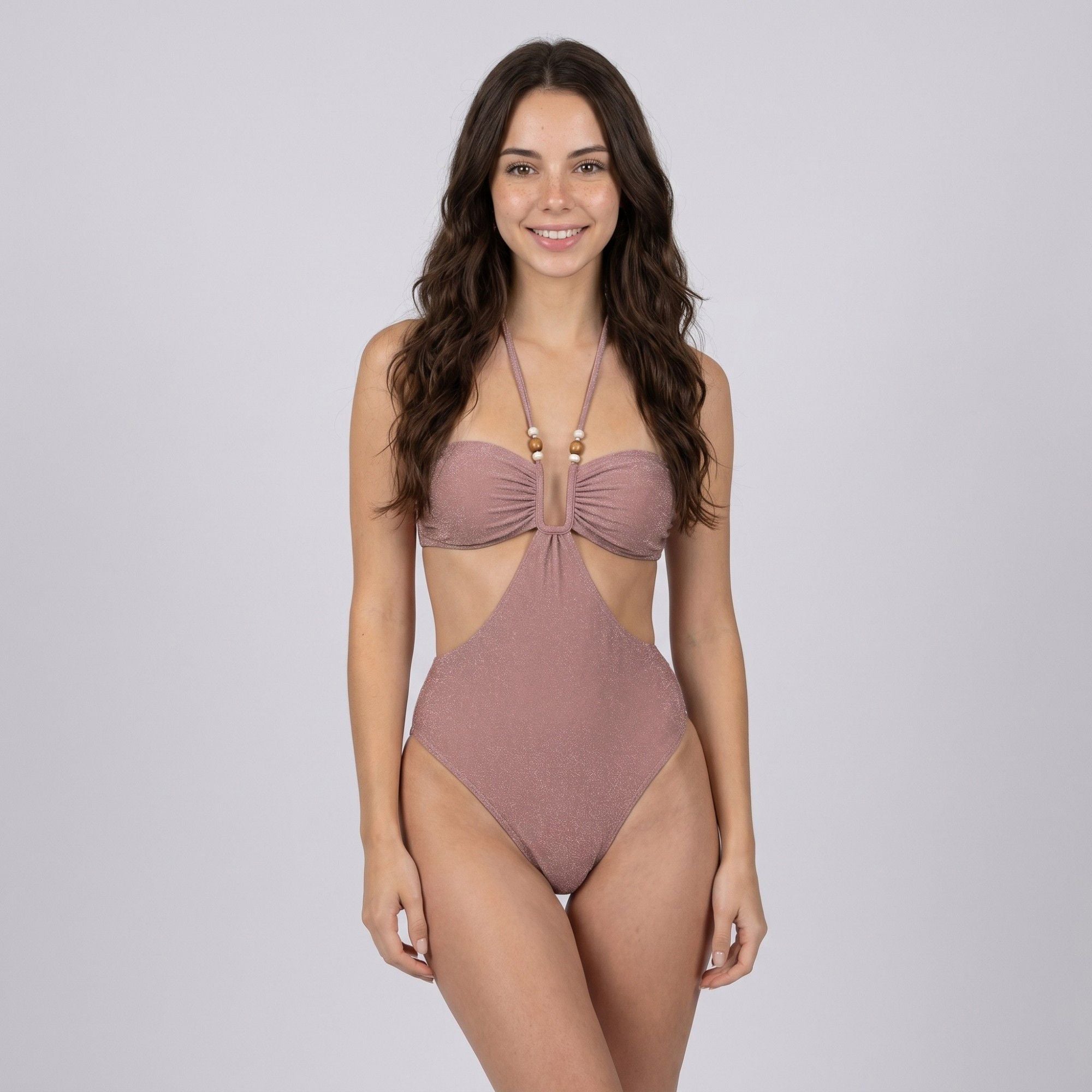 Shimmer Halter Cutout One Piece Swimsuit with Beaded Strap Detail Ruched Bust and High Cut Leg