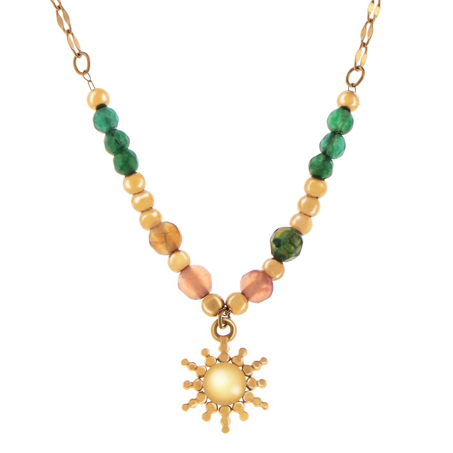 Women's Stainless Steel Beaded Necklace with 18K Gold Plated Sun Pendant, Adjustable Chain with Colorful Beads