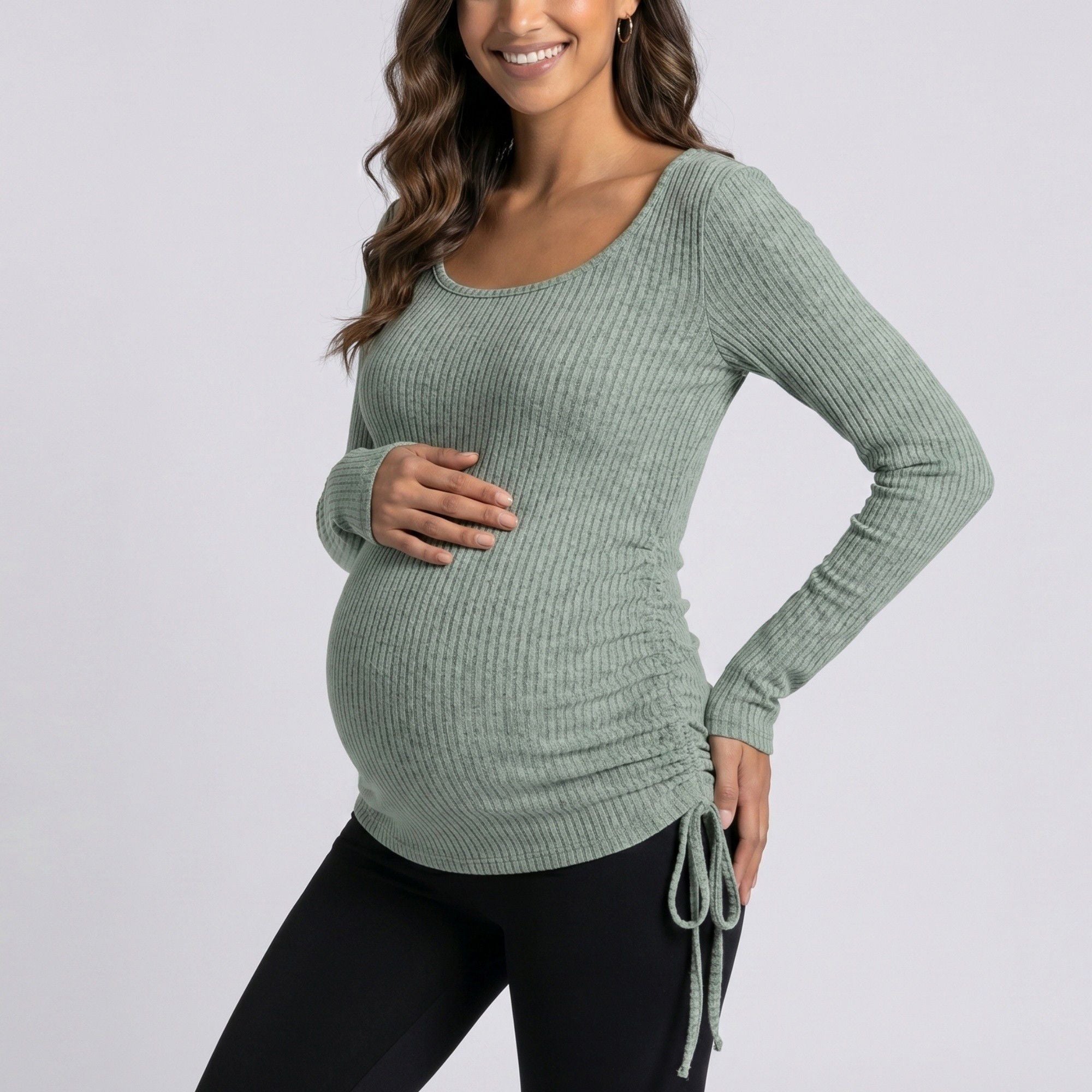 Anna-Kaci Women's Maternity Ribbed Long Sleeve Top with Scoop Neck and Side Ruched Tie Detail