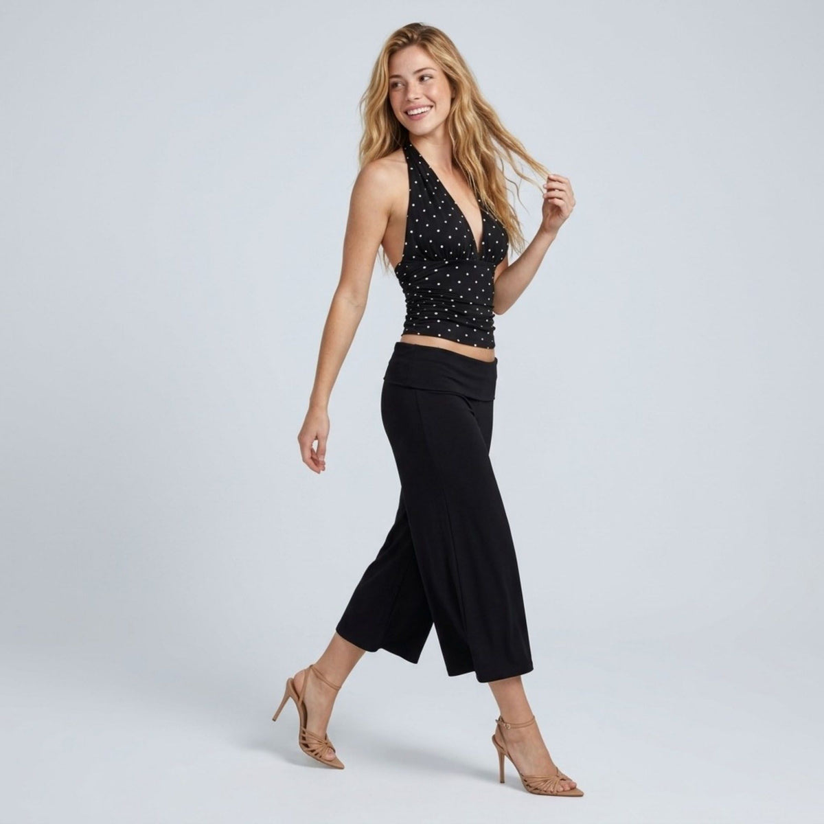 Foldover Waistband Cropped Wide-Leg Trousers