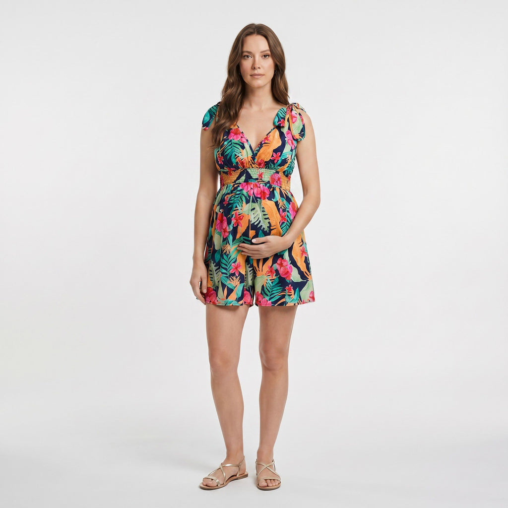 Tropical Print Maternity Romper with V-Neck and Smocked Empire Waist