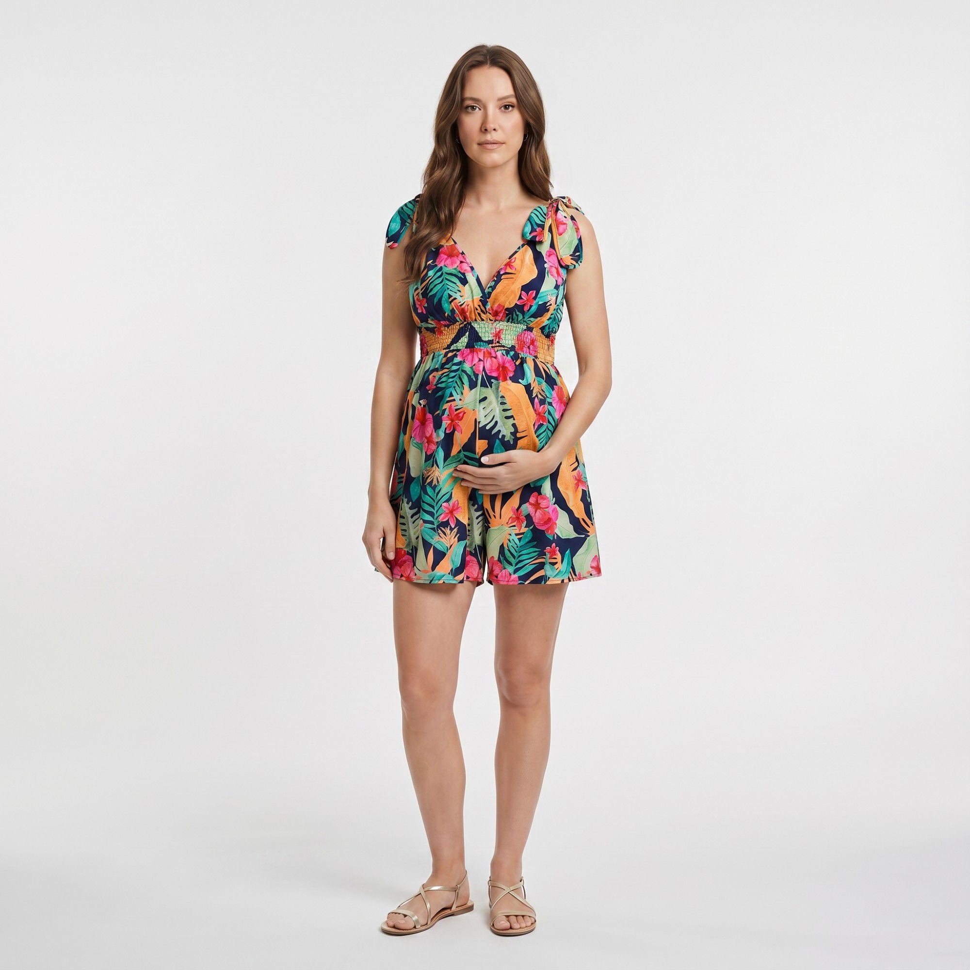 Tropical Print Maternity Romper with V-Neck and Smocked Empire Waist