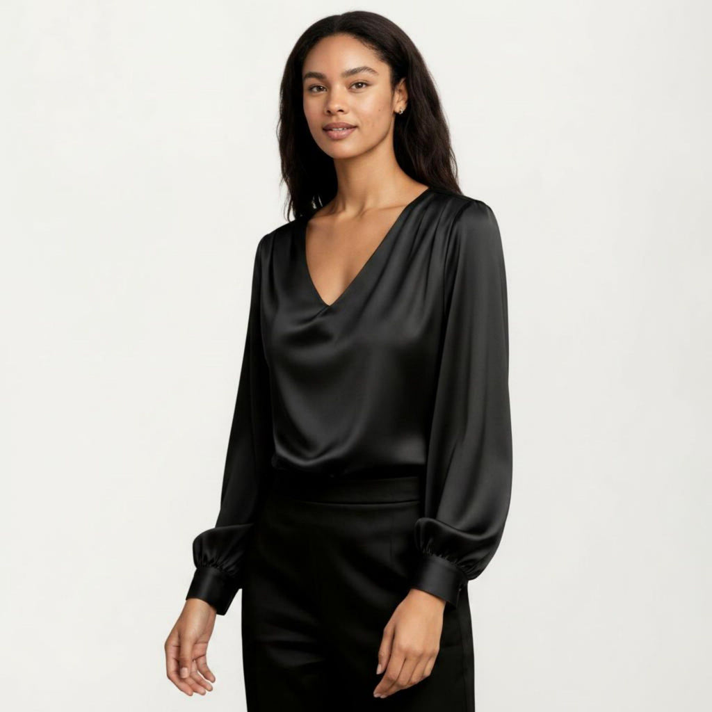 Anna-Kaci Women's Satin V-Neck Blouse with Long Balloon Sleeves and Wide Cuffs