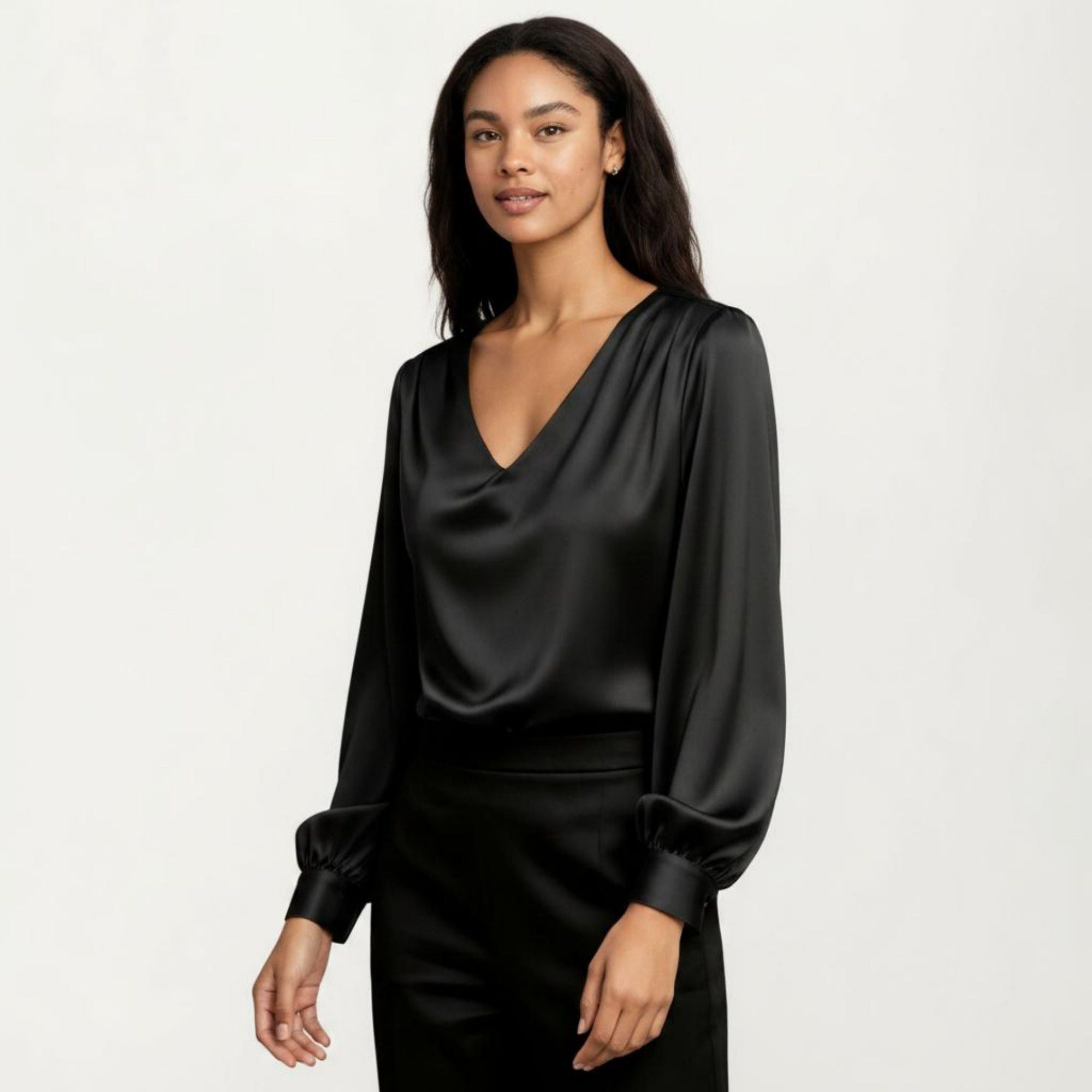 Anna-Kaci Women's Satin V-Neck Blouse with Long Balloon Sleeves and Wide Cuffs