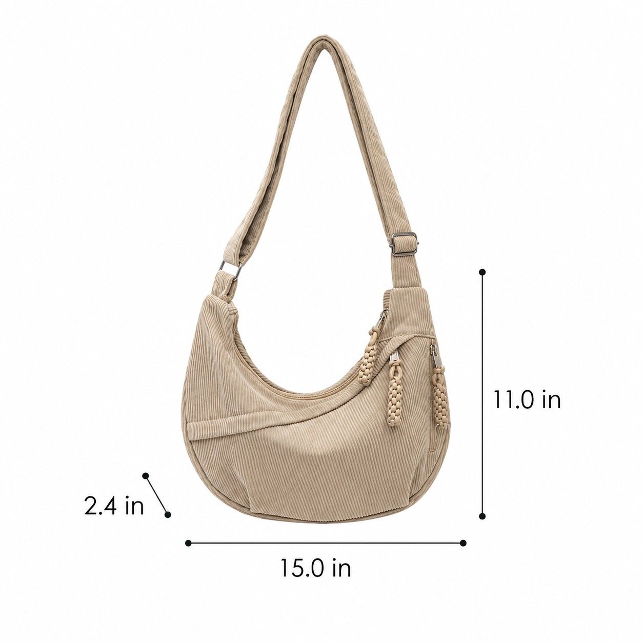 Corduroy Crescent Crossbody Bag with Adjustable Strap and Zip Pockets