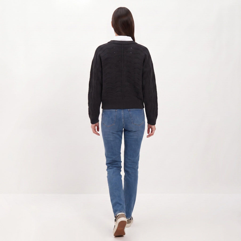 Wavy Pointelle Button-Front Long Sleeve Knit Cardigan