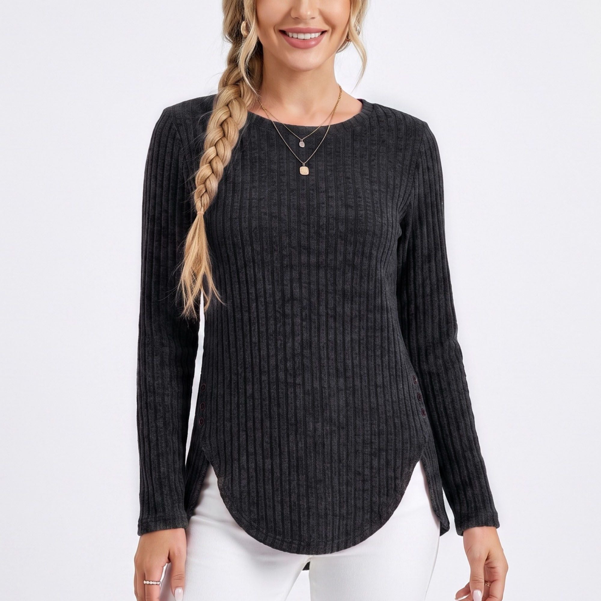 Ribbed Crew Neck Side Slit Long Sleeve Tunic Top