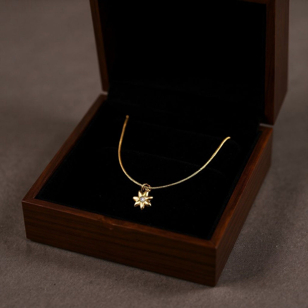Women's Dainty Flower Pendant Necklace with Crystal Center and Fine Chain Design 18in