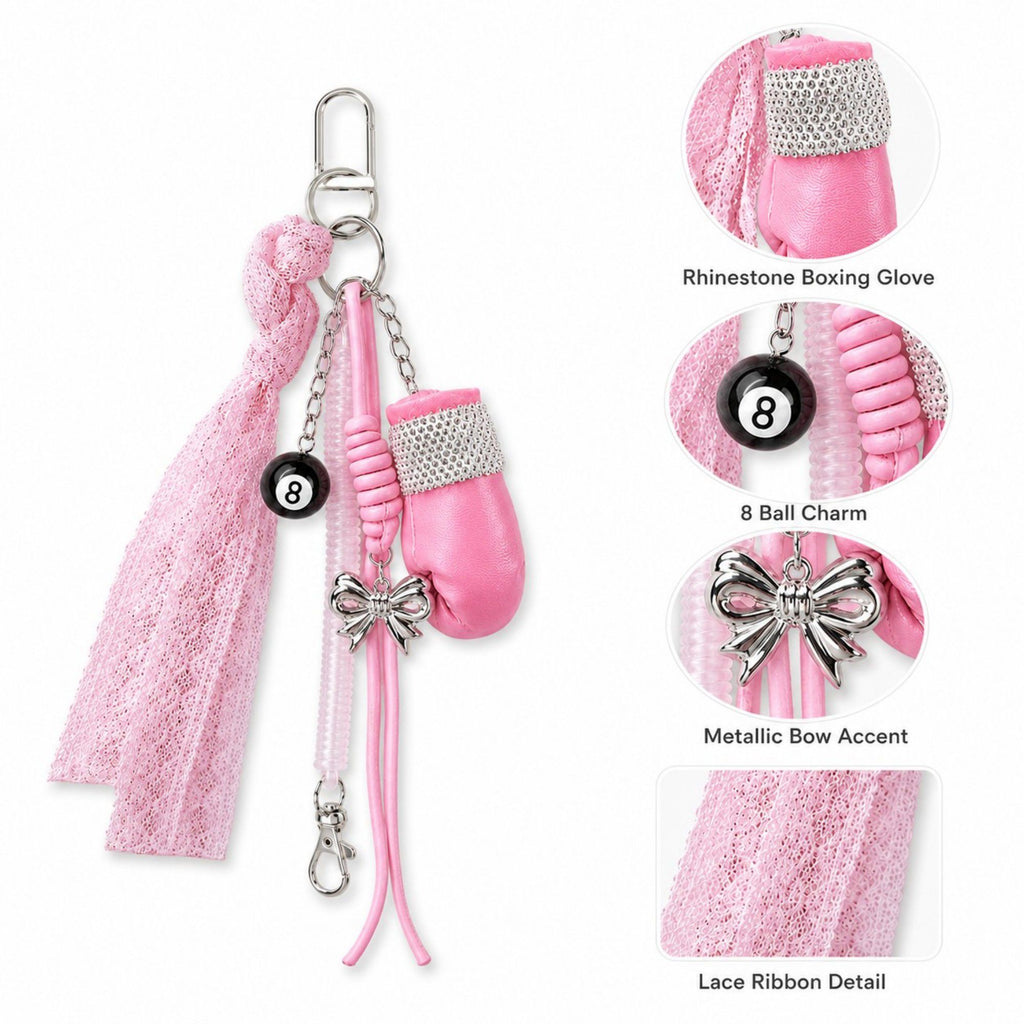 Boxing Glove Keychain Bag Charm with 8 Ball Accent Lace Ribbon and Clip