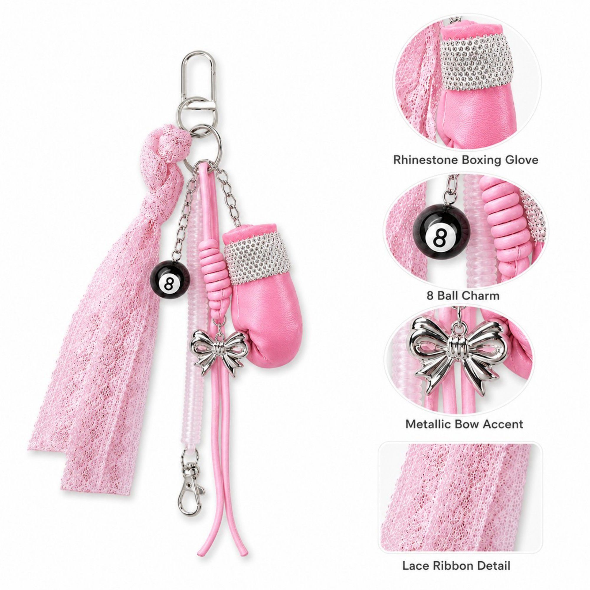 Boxing Glove Keychain Bag Charm with 8 Ball Accent Lace Ribbon and Clip