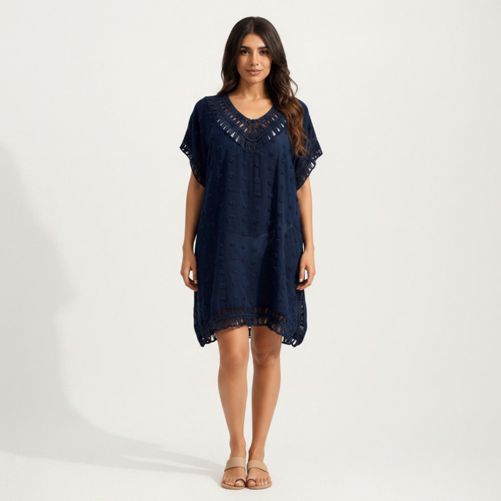 Anna-Kaci Women's Sheer Crochet Trim Cover Up Dress with Tassel Detail Relaxed Fit and Short Sleeves
