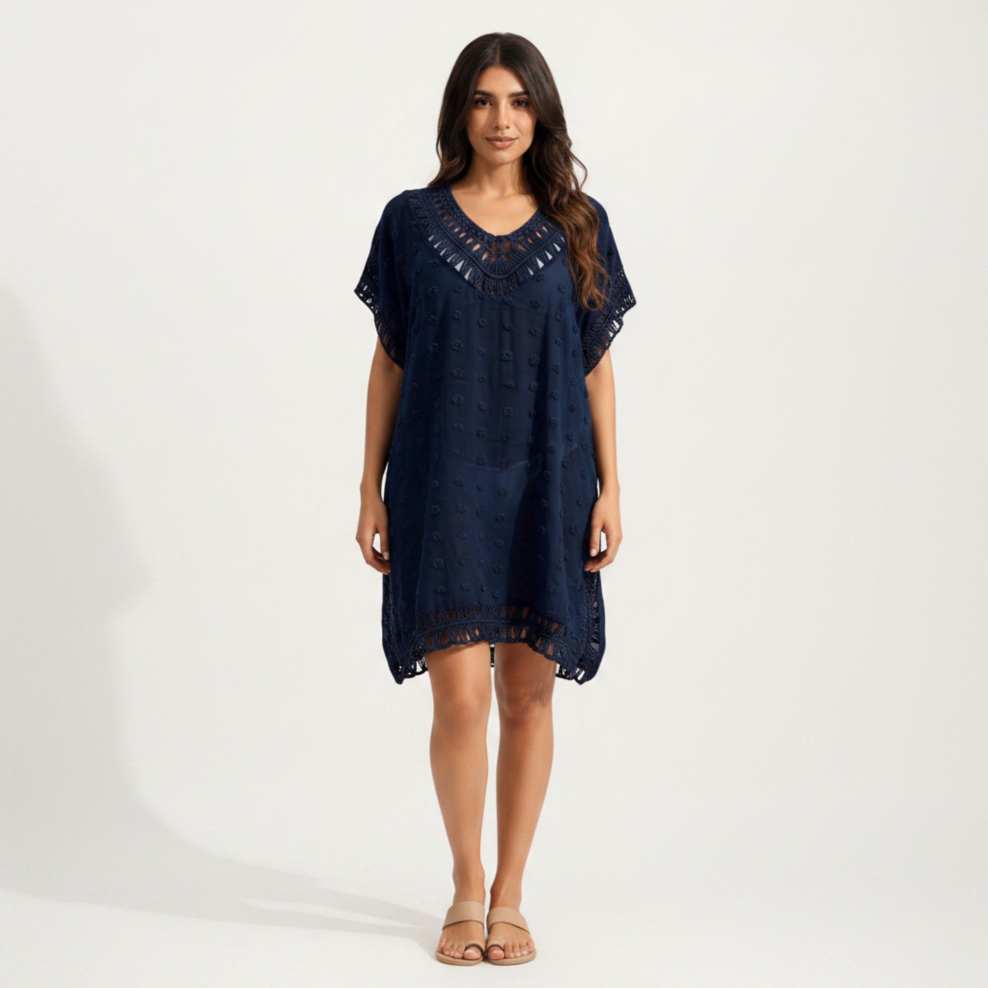 Anna-Kaci Women's Sheer Crochet Trim Cover Up Dress with Tassel Detail Relaxed Fit and Short Sleeves
