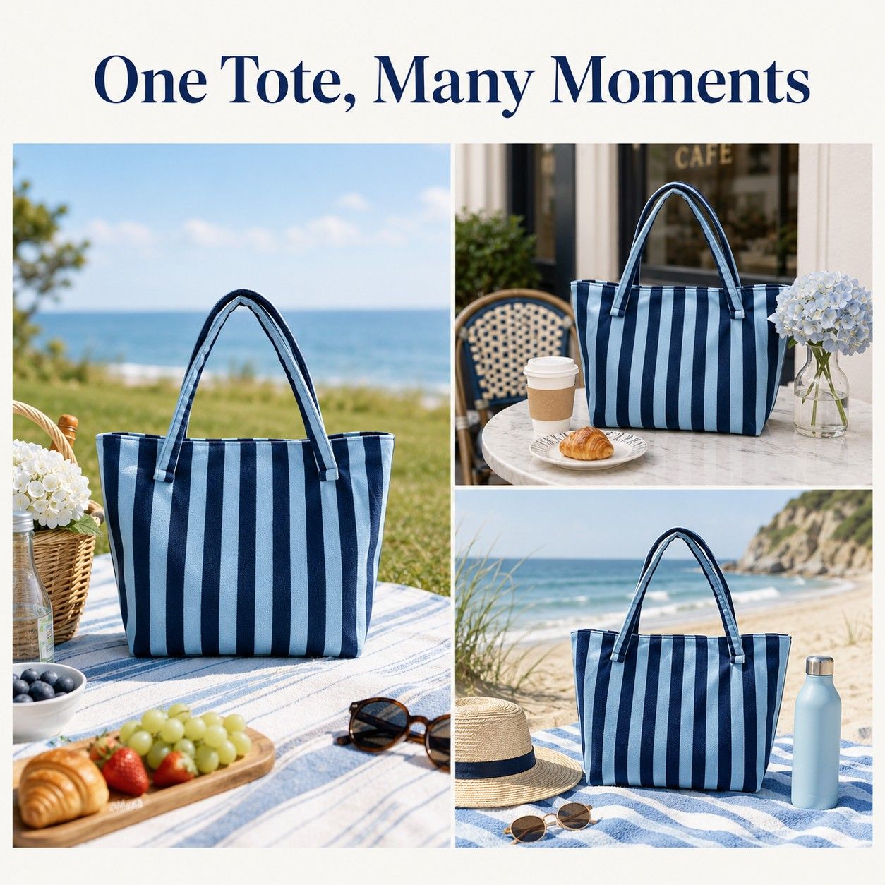 Striped Terry Cloth Tote Bag Roomy Beach and Travel Shoulder Carryall