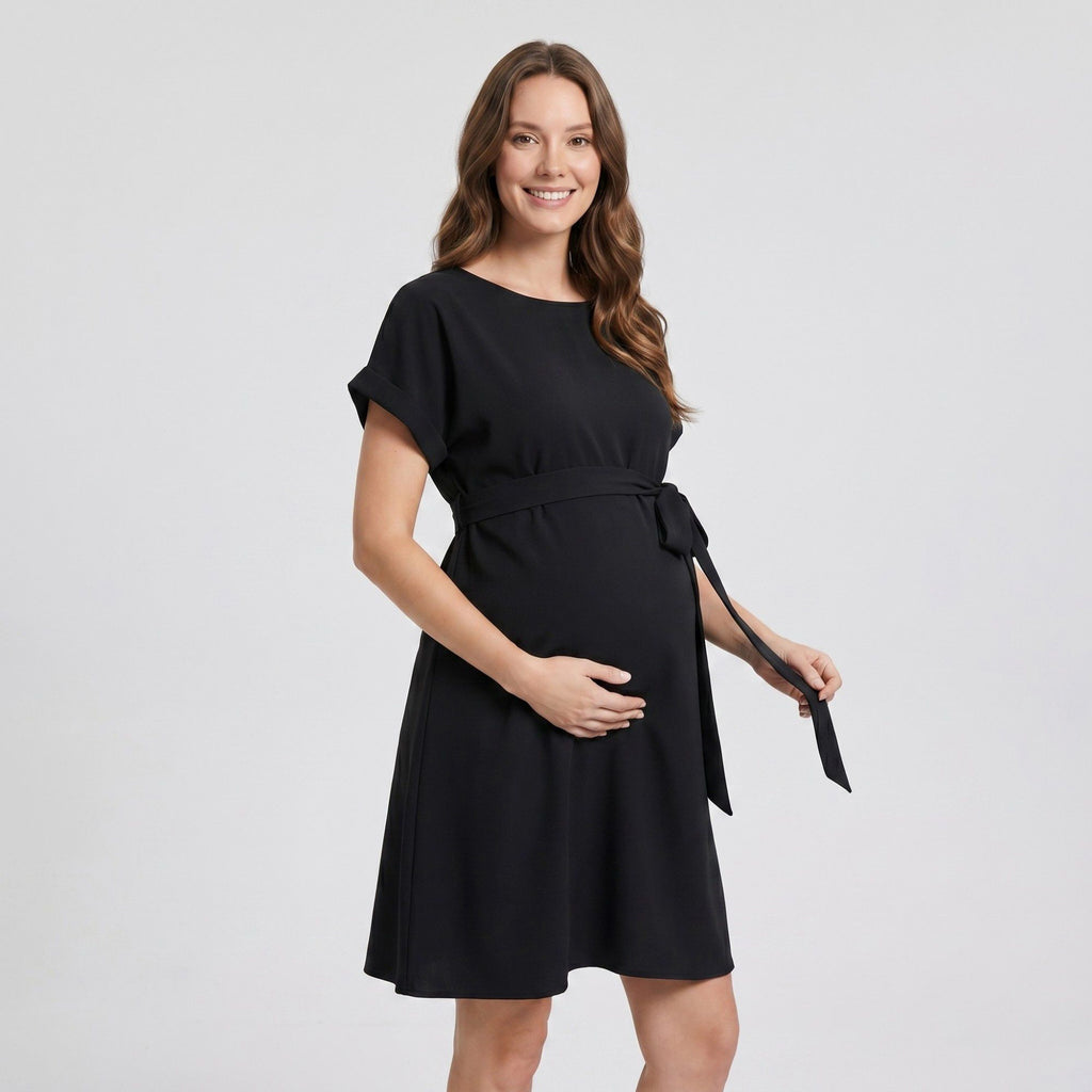 Anna-Kaci Women's Maternity Short Sleeve Dress with Tie Waist and Relaxed A-Line Fit