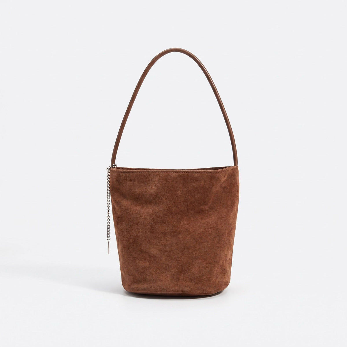Faux Suede Bucket Shoulder Bag with Chain Accent