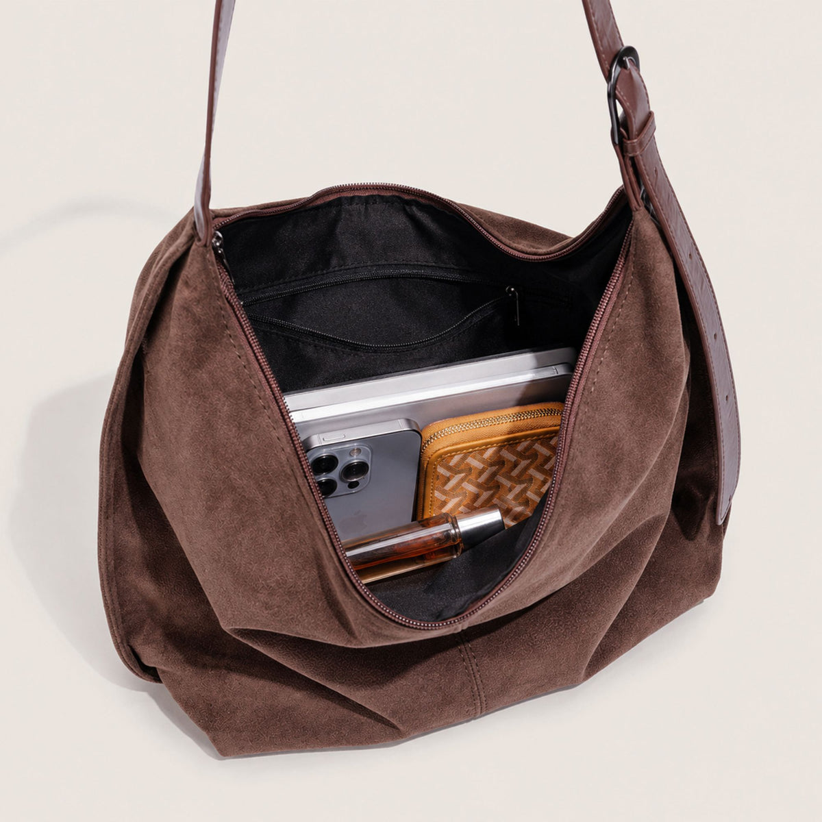 Slouchy Faux Suede Hobo Shoulder Bag with Zipper Closure and Adjustable Strap