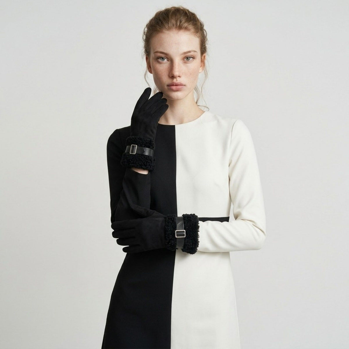 Faux Suede Gloves with Plush Faux Fur Cuffs and Buckle Detail