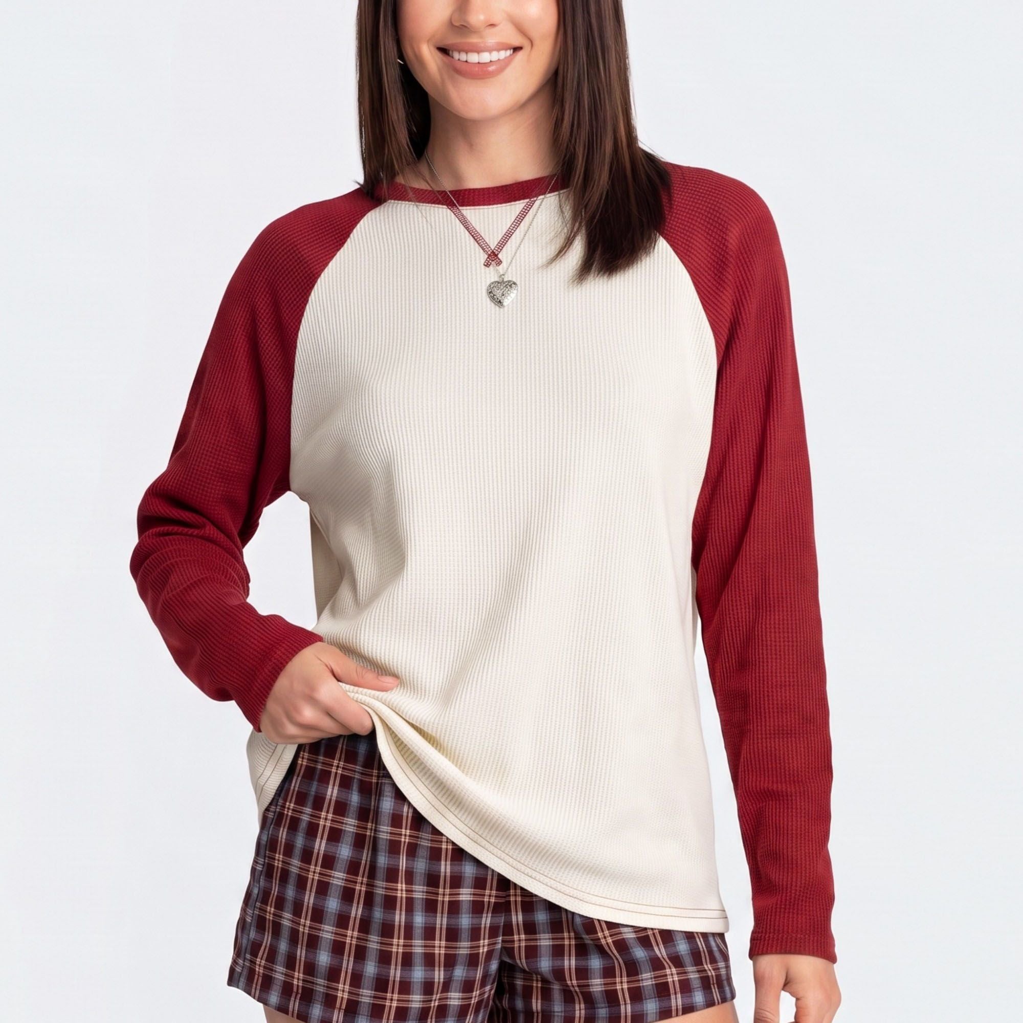 Colorblock Waffle Knit Raglan Long Sleeve Top