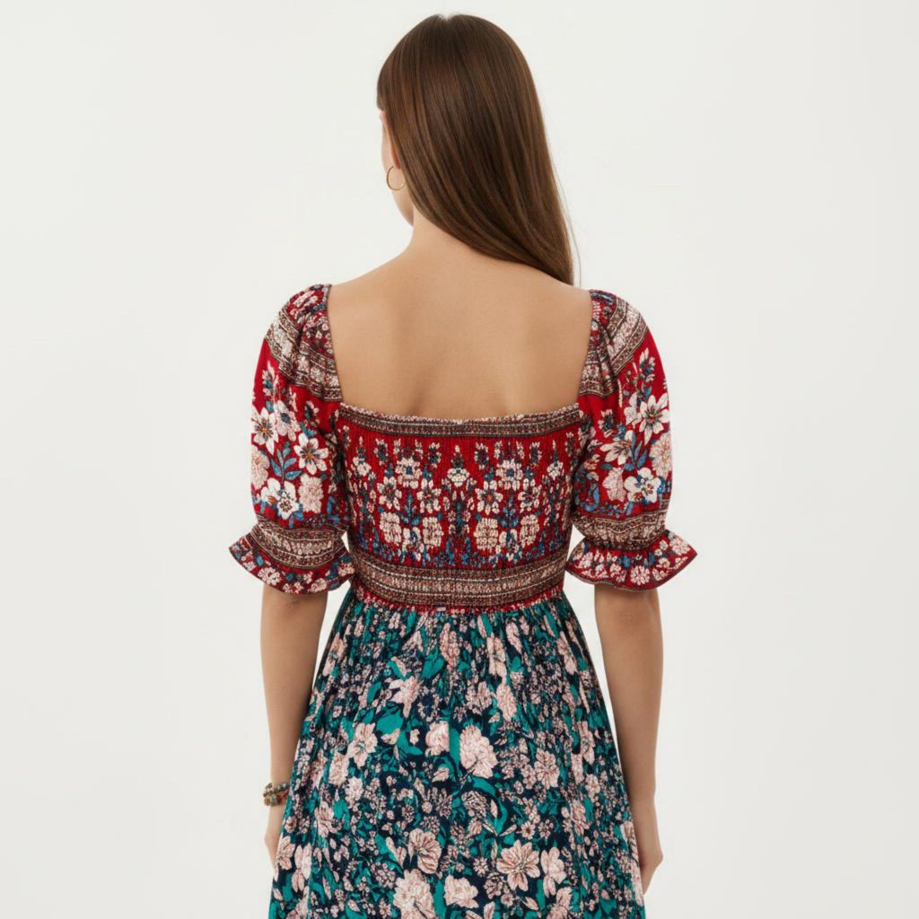 Anna-Kaci Women's Puff Sleeve Maxi Dress with Mixed Floral Print and Border Hem