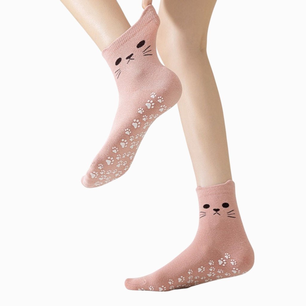 Anna-Kaci Women's Cat Face Grip Socks with Paw Print Anti-Slip Sole Soft Knit Ankle Socks for Home or Yoga 3-Pack