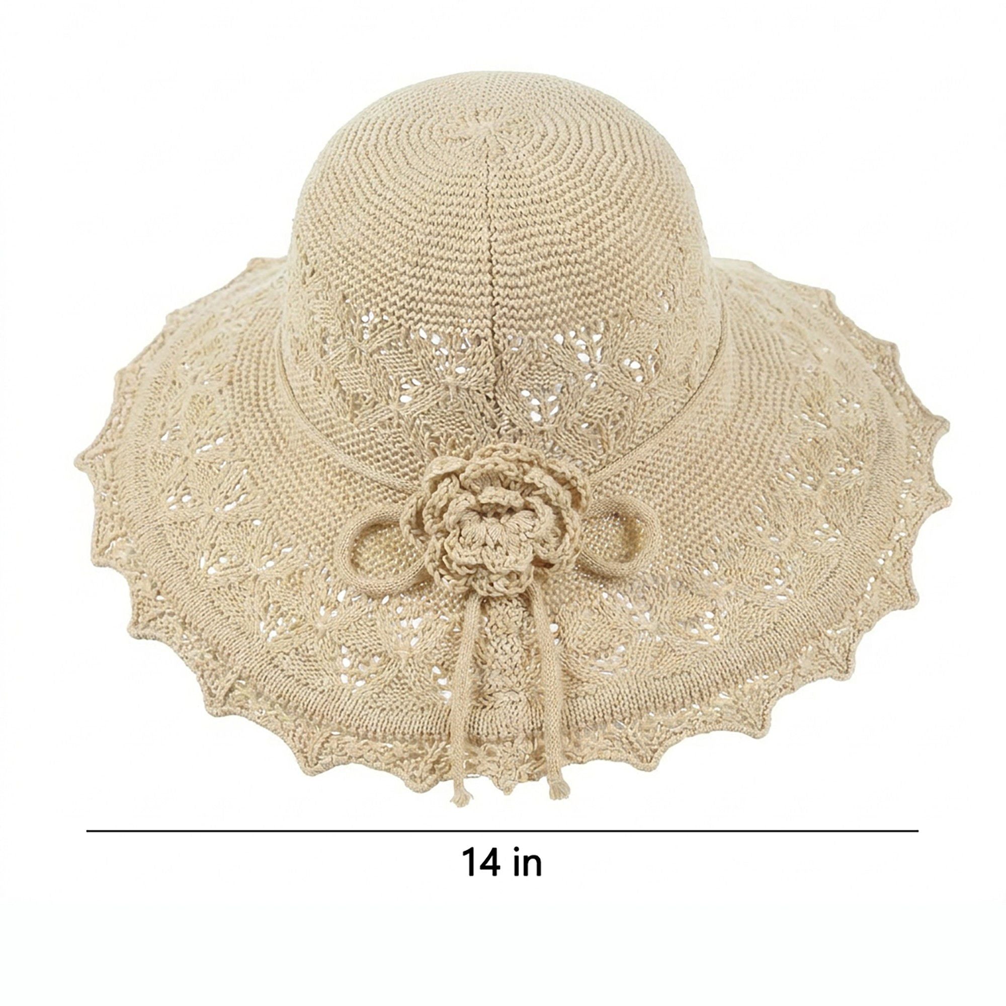 Crochet Wide Brim Sun Hat with Scalloped Edge Floral Accent and Chin Strap