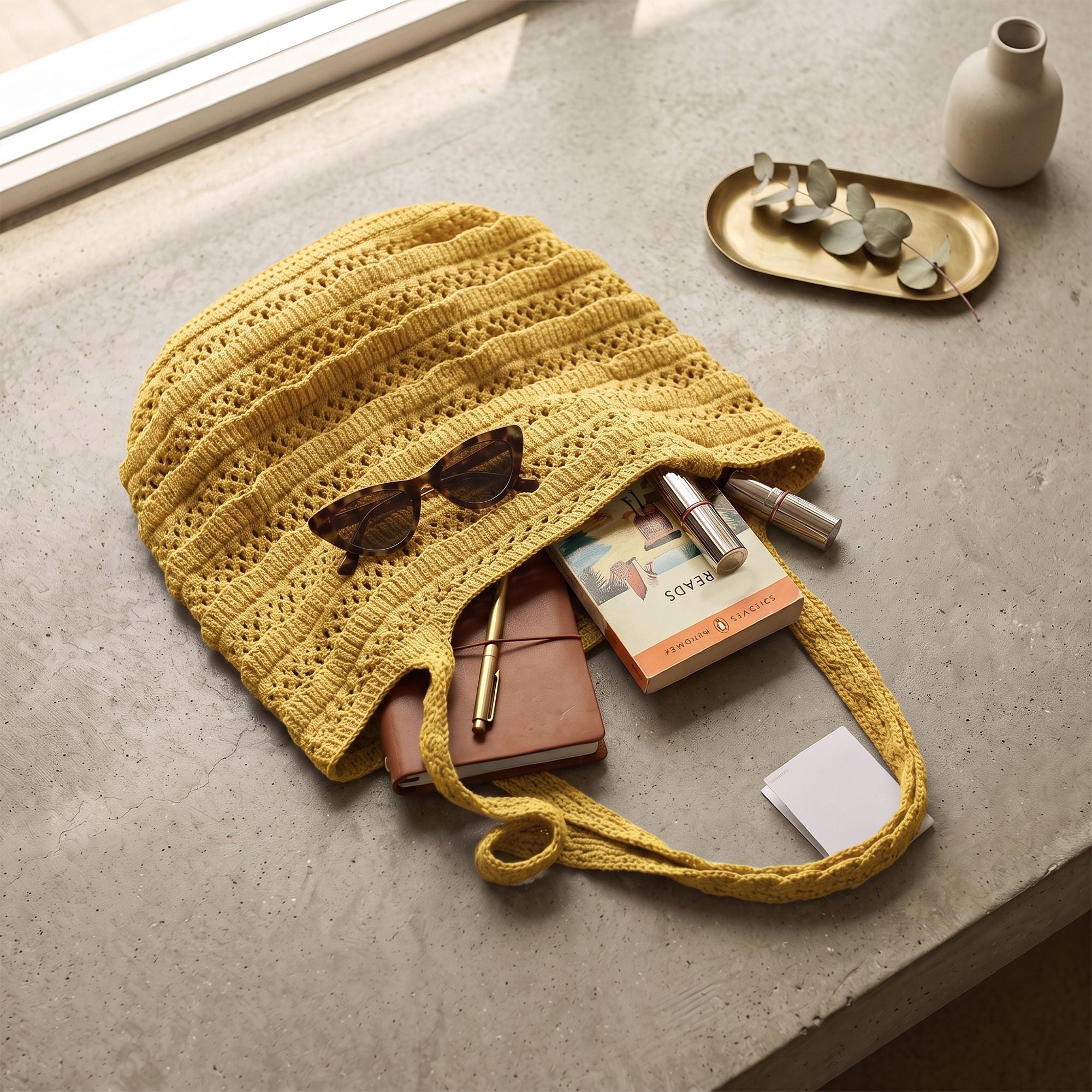 Crochet Knit Tote Bag with Openwork Ruffle Design and Long Handles