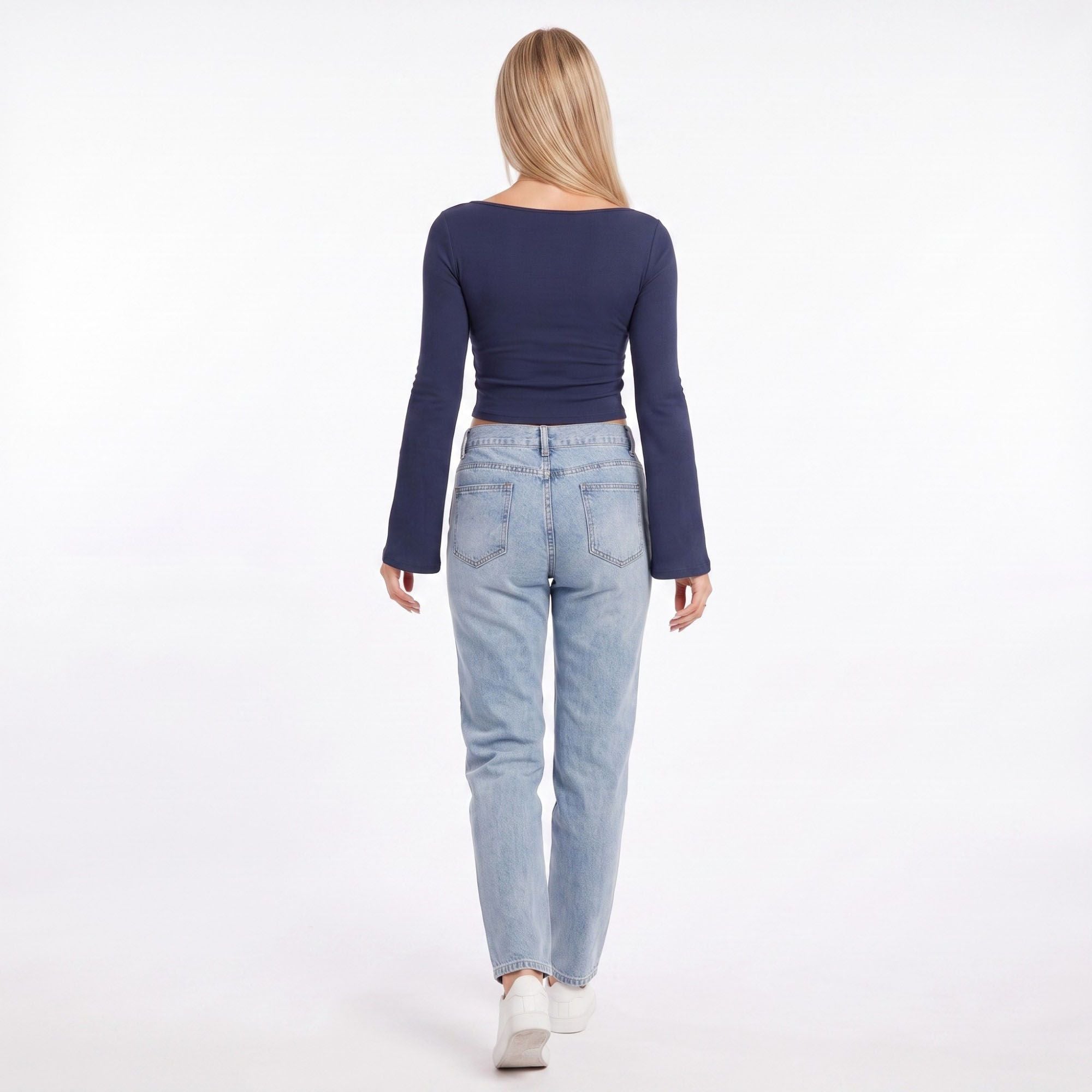 Ribbed Boat Neck Bell Sleeve Crop Top