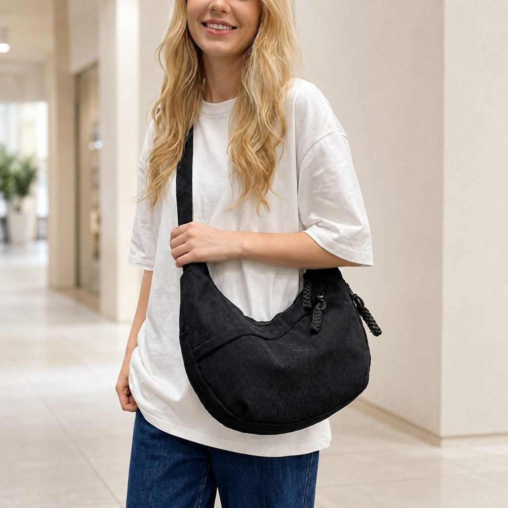 Corduroy Crescent Crossbody Bag with Adjustable Strap and Zip Pockets