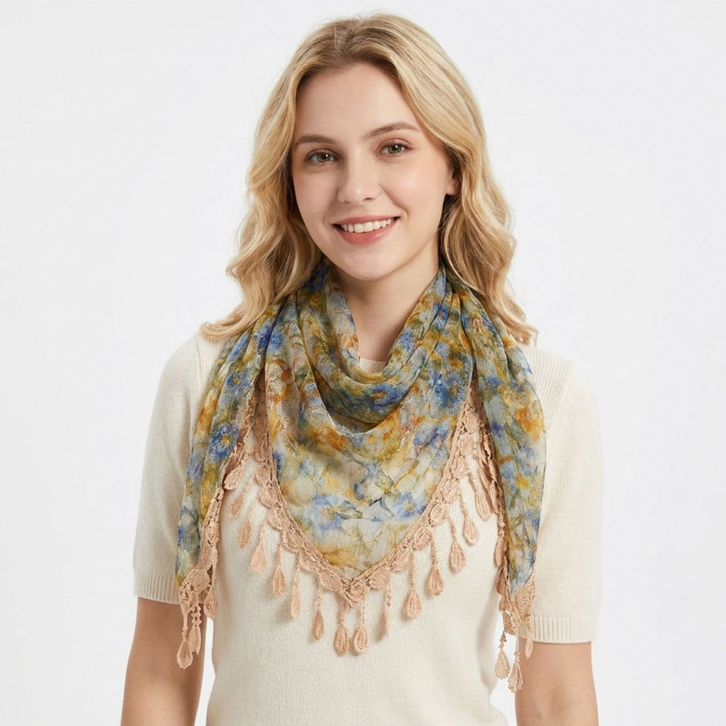 Floral Triangle Scarf with Lace Fringe Trim