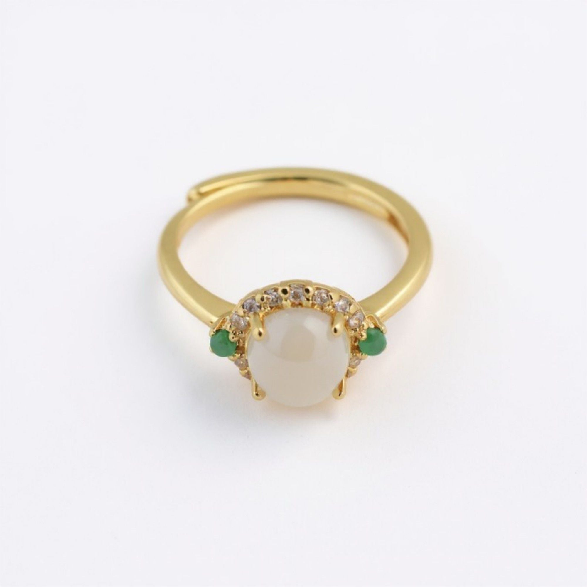 Women's White Jade Ring with Crystal Halo and Green Gemstone Accents