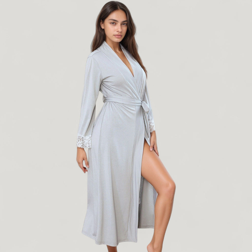 Anna-Kaci Lounge Women's Long Wrap Robe with Waist Tie and Contrast Lace Trim Sleeves