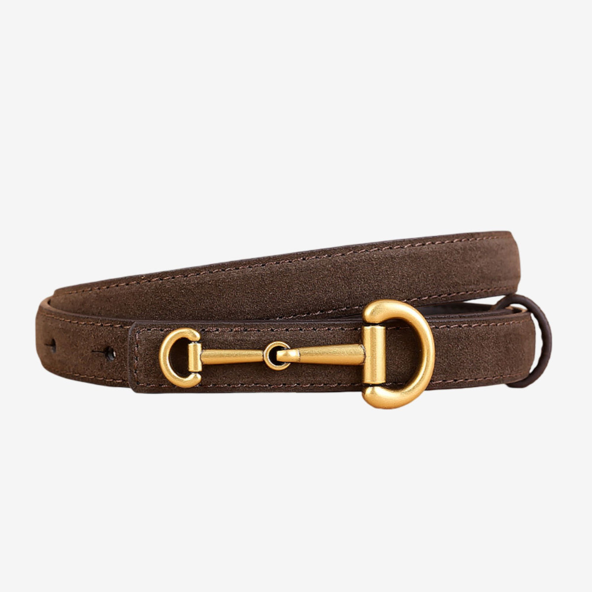 Suede Leather Skinny Belt with Equestrian Gold Tone Buckle 39.4in