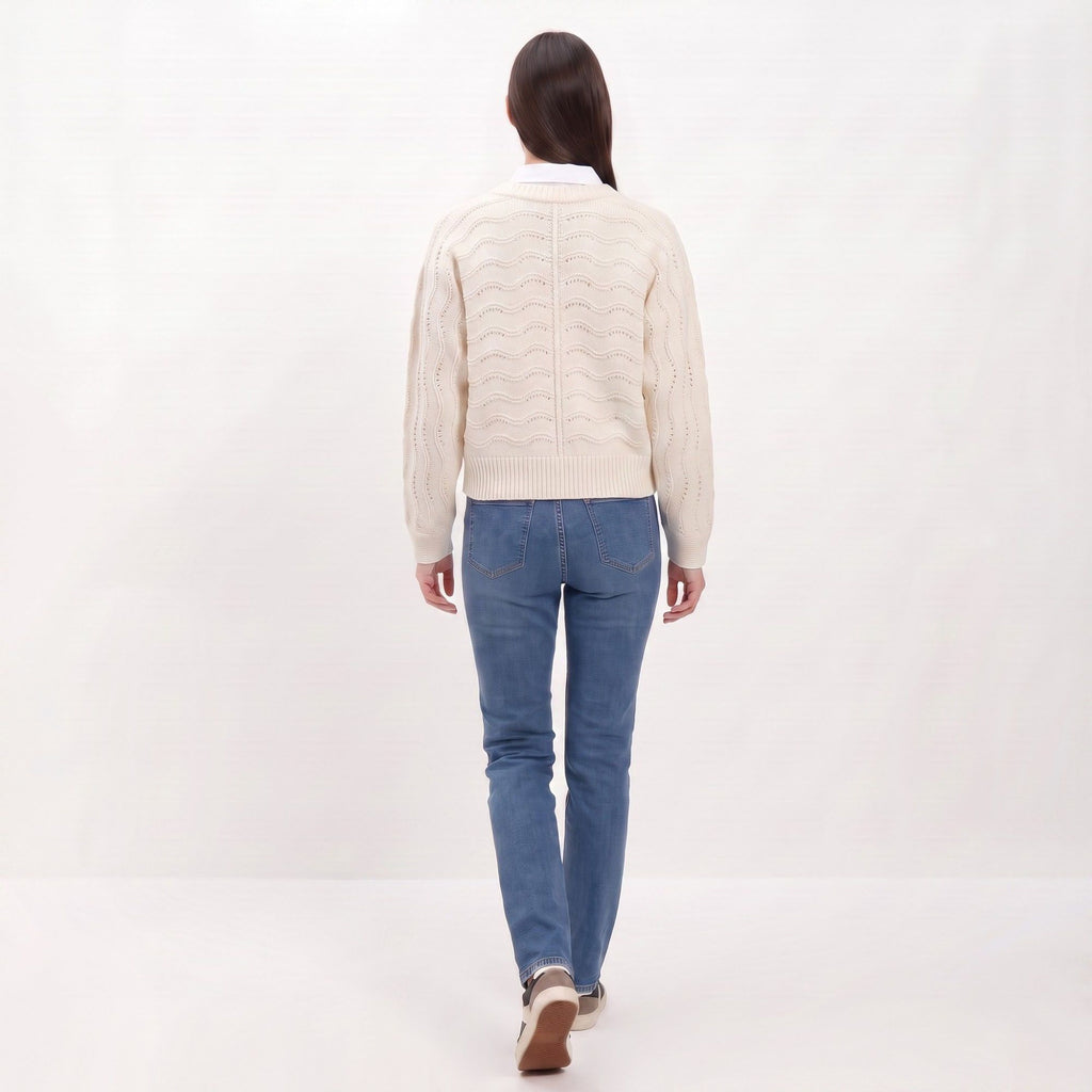 Wavy Pointelle Button-Front Long Sleeve Knit Cardigan
