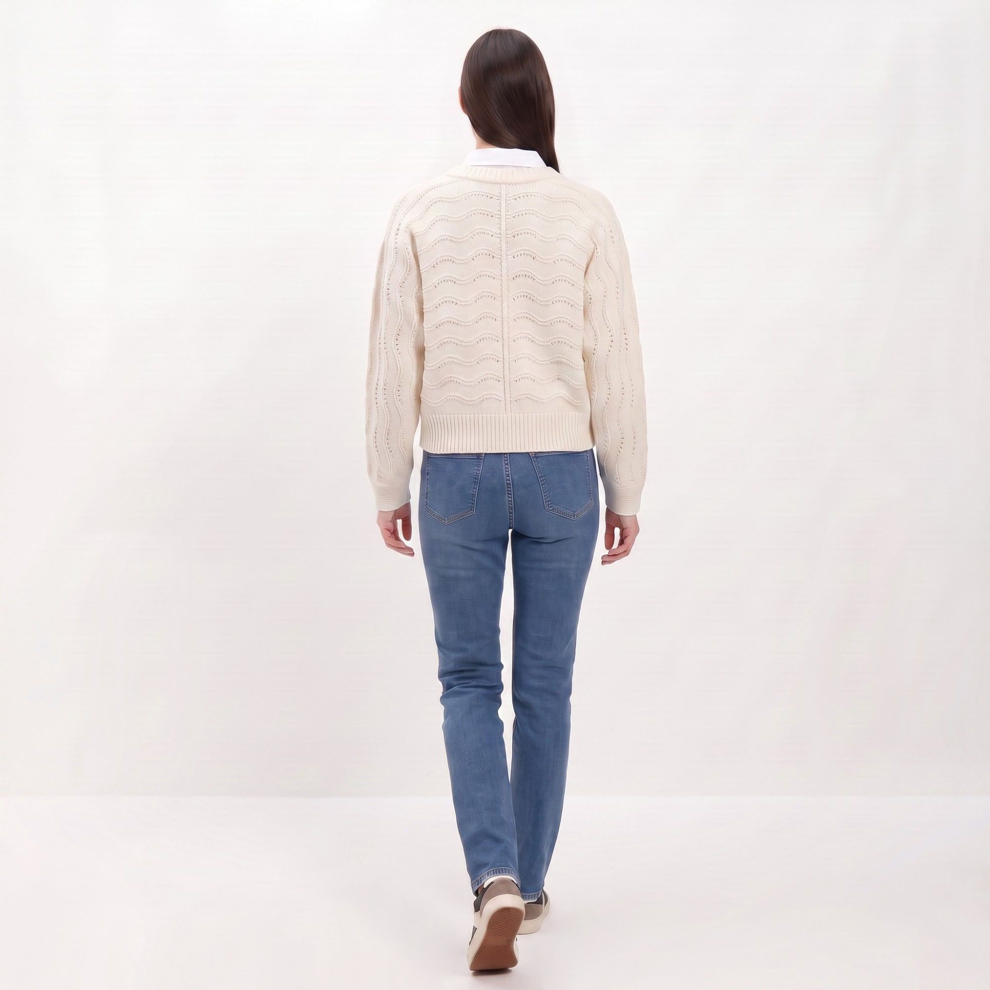 Wavy Pointelle Button-Front Long Sleeve Knit Cardigan