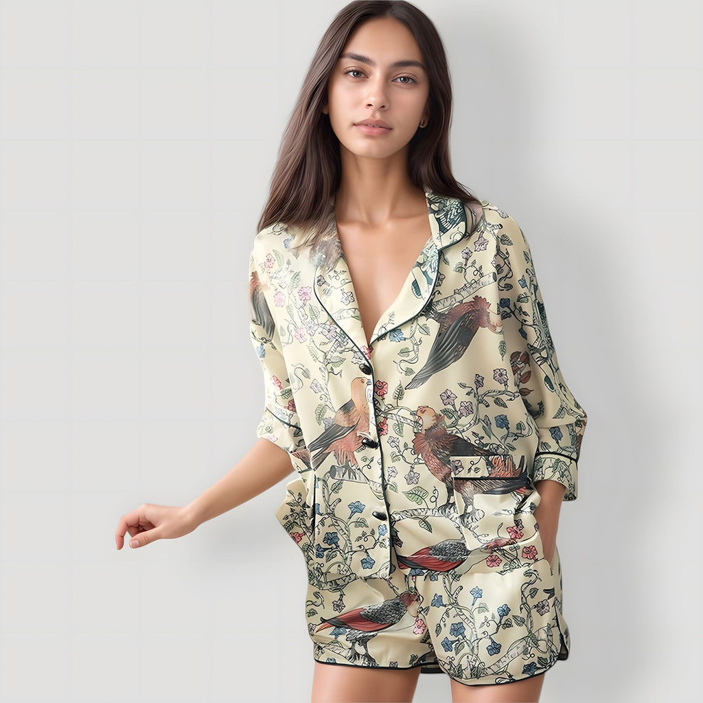 Anna-Kaci Lounge Women's Bird Print Pajama Set with Button Front Top and Contrast Trim Details