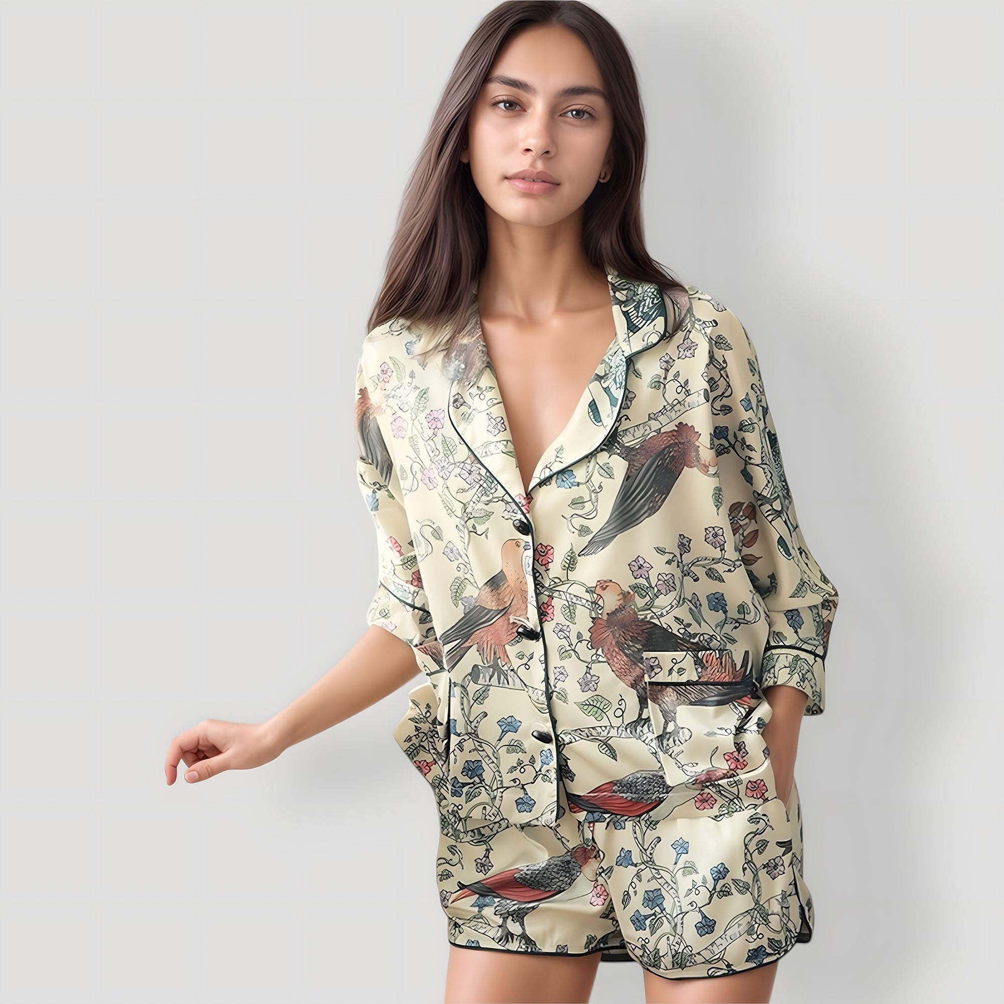 Anna-Kaci Lounge Women's Bird Print Pajama Set with Button Front Top and Contrast Trim Details