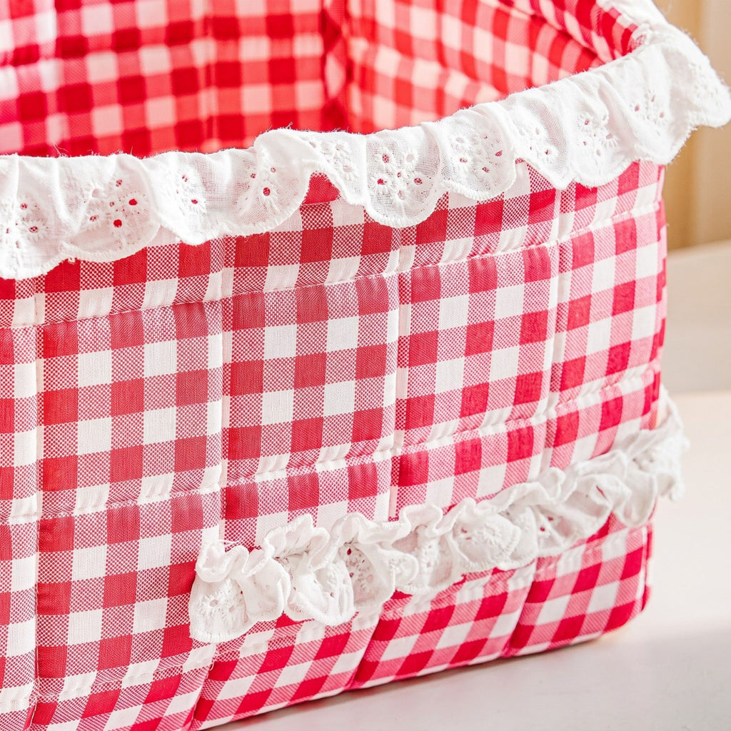 Quilted Gingham Fabric Storage Basket with Lace Trim