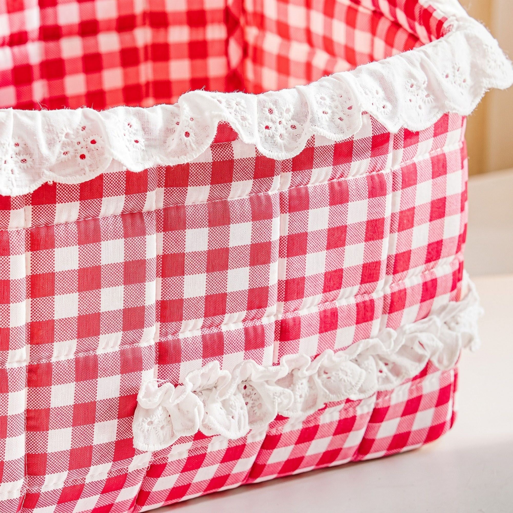 Quilted Gingham Fabric Storage Basket with Lace Trim