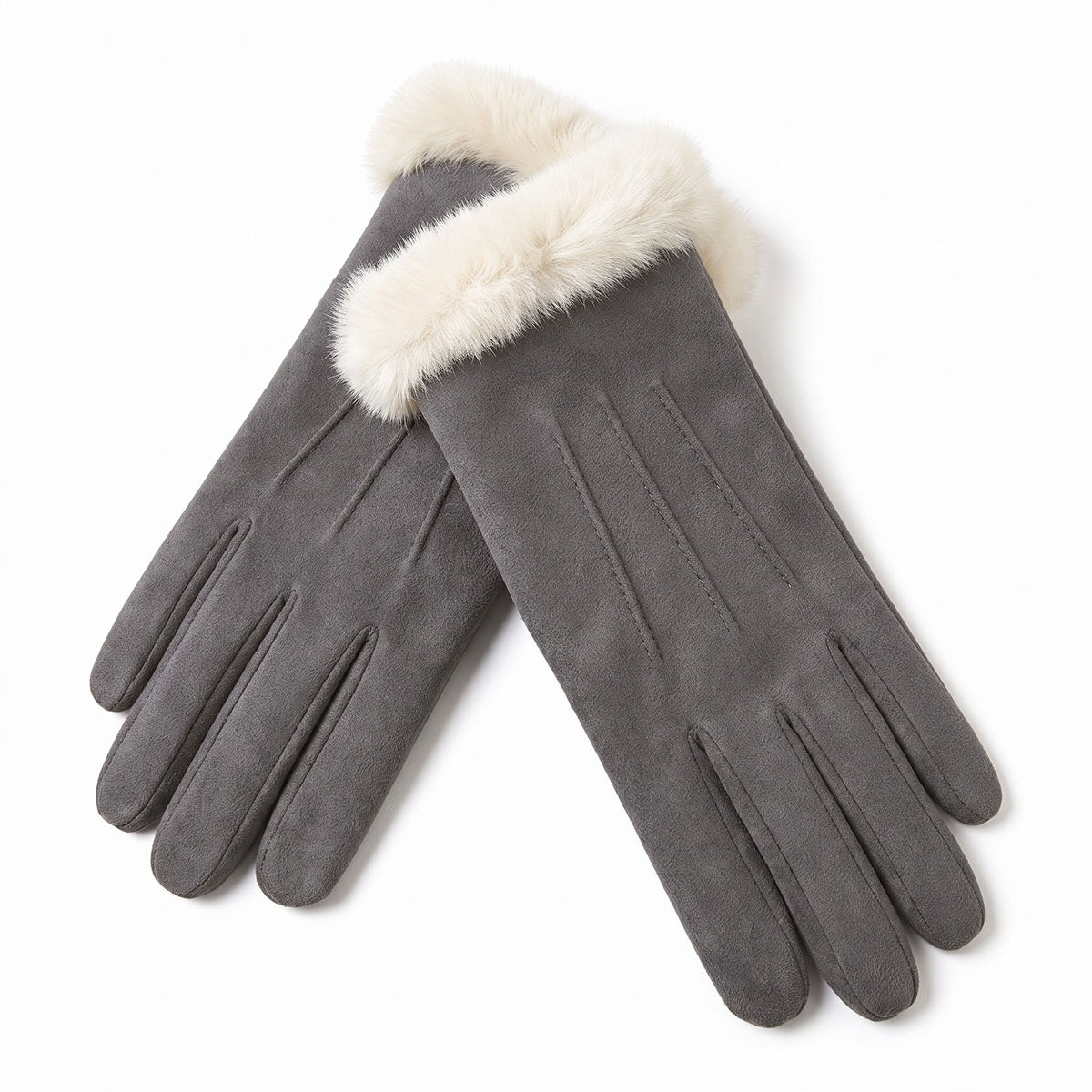 Faux Fur Cuff Full Finger Gloves with Soft Suede Like Finish