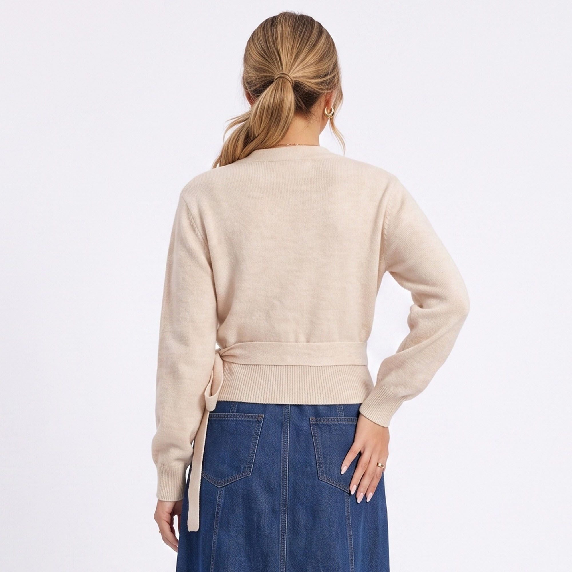 Wrap Front V Neck Side Tie Long Sleeve Knit Sweater