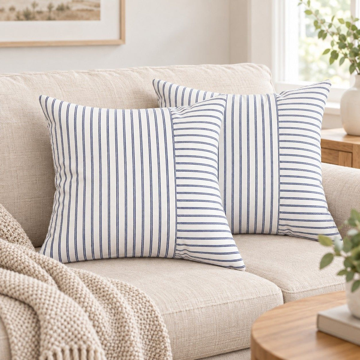 2 Pack Striped Textured Throw Pillow Covers 18 x 18 Inch for Couch Sofa and Bed