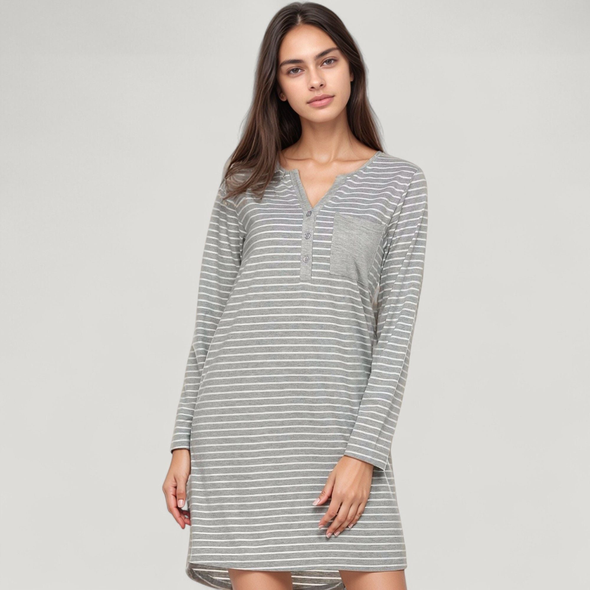 Anna-Kaci Lounge Women's Long Sleeve Striped Nightshirt Henley Neckline Sleep Dress with Chest Pocket Detail