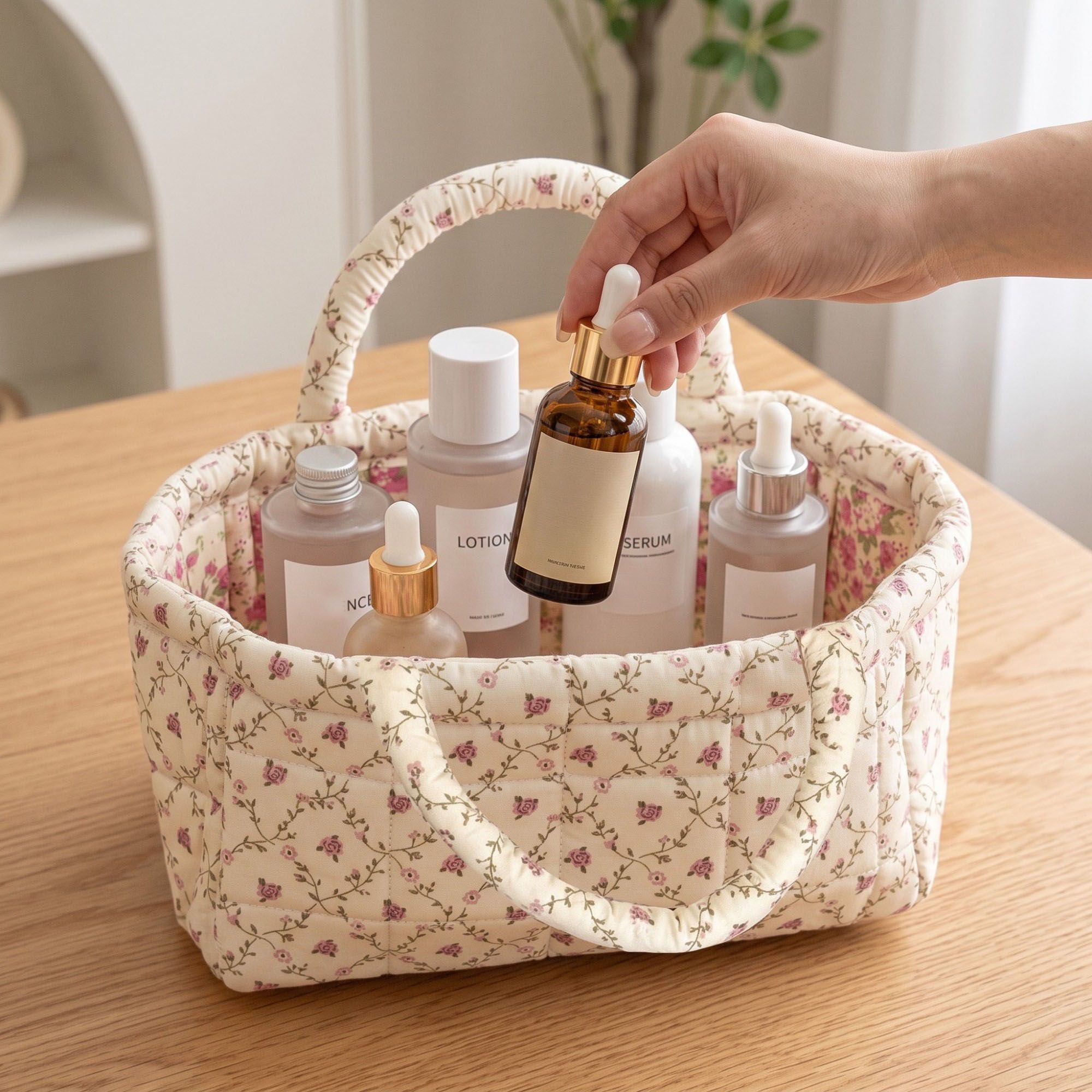 Quilted Floral Storage Basket with Handles for Home Organization