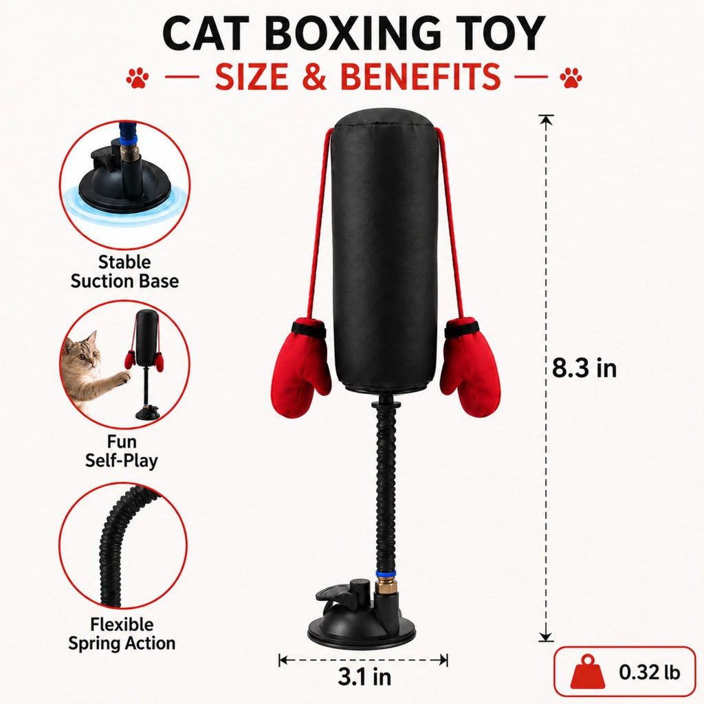 Interactive Cat Boxing Toy with Suction Cup Base, Spring Rebound Punching Bag and Hanging Gloves