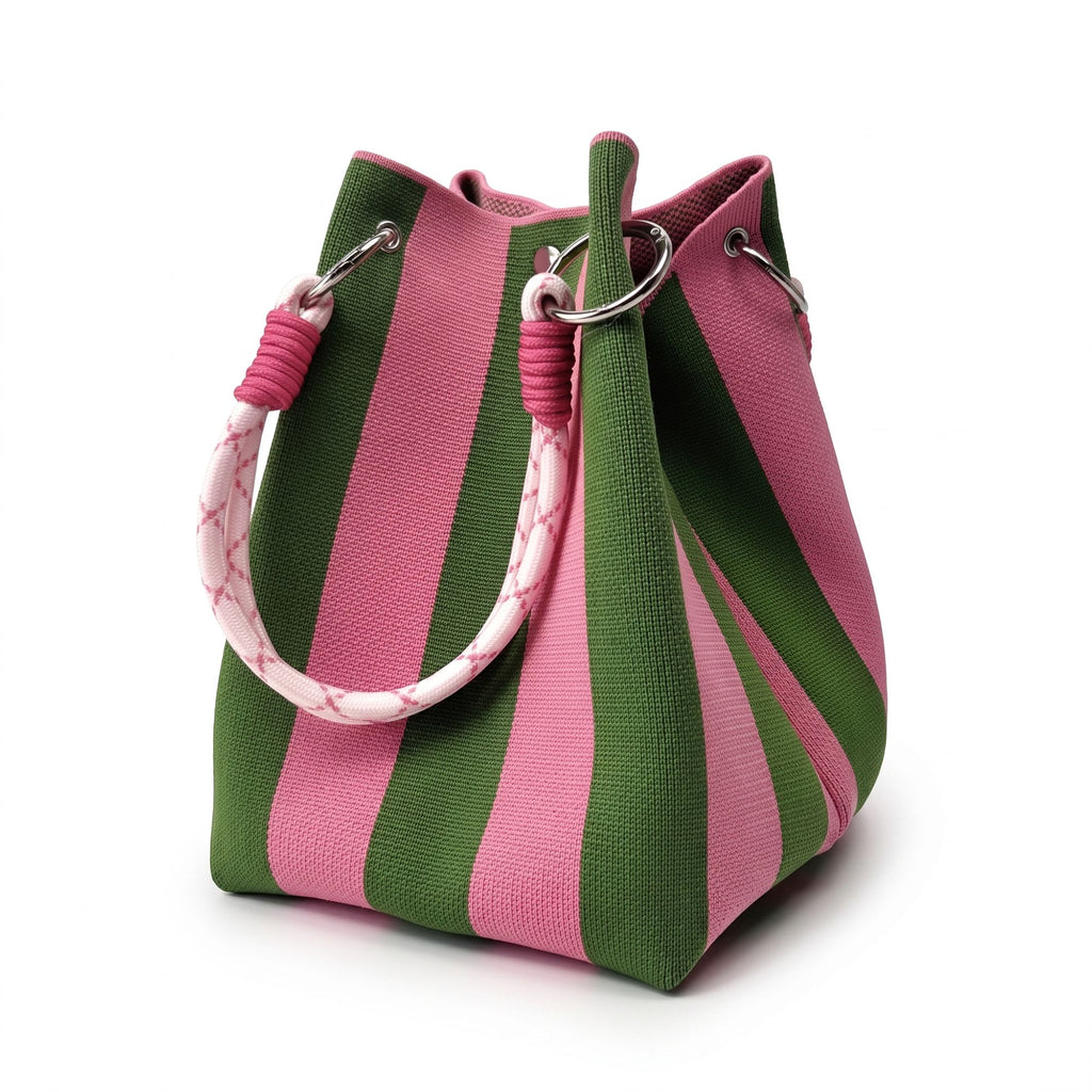 Small Striped Knit Bucket Bag with Rope Handles and Snap Closure