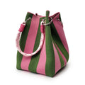 Small Striped Knit Bucket Bag with Rope Handles and Snap Closure